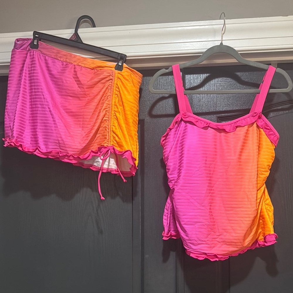 Pink and Orange Tank Top and Skirt Set
